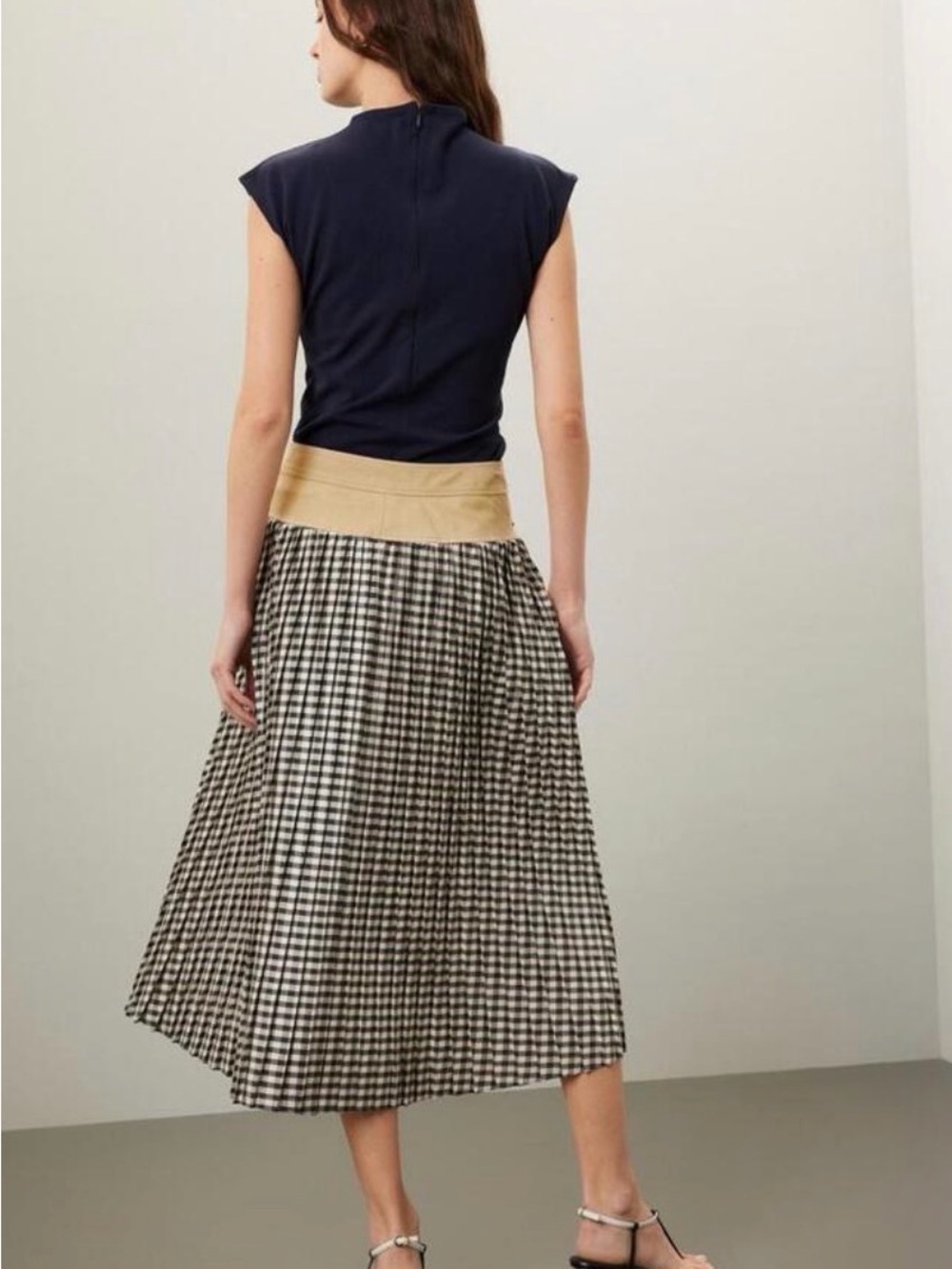 Tanya Taylor Beige Midi Skirt with Black-and-White Gingham Panels - Picture 2 of 7